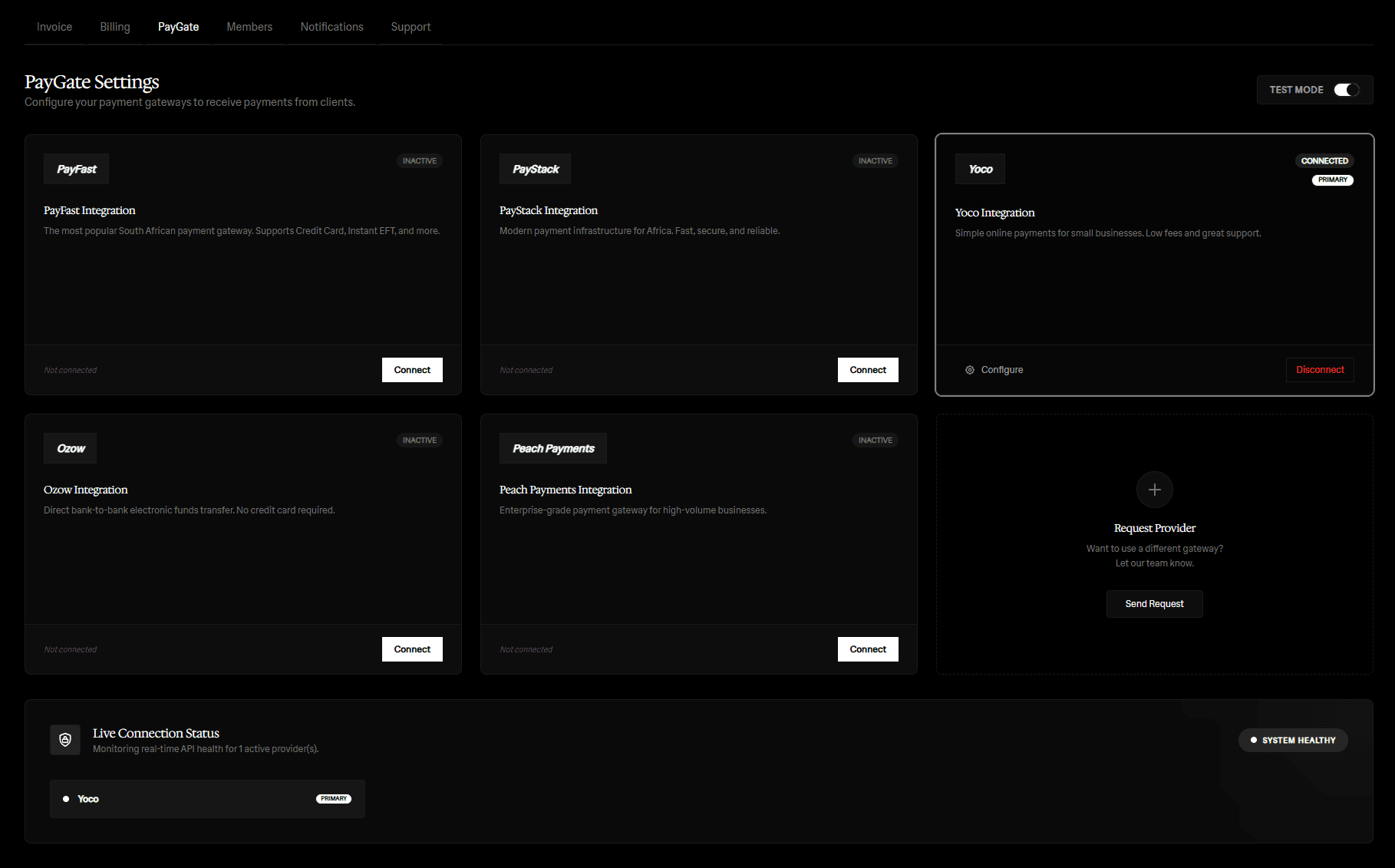 Connect your payment provider PayGate settings for online invoicing with PayFast, Yoco, PayStack, Ozow and Peach Payments in South Africa